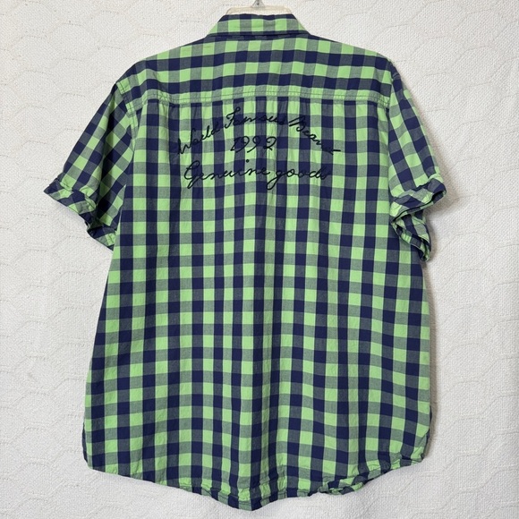 Phat Farm XL Plaid Racing Patch Shirt Neon Green Navy Streetwear 90s Y2K - Picture 9 of 13